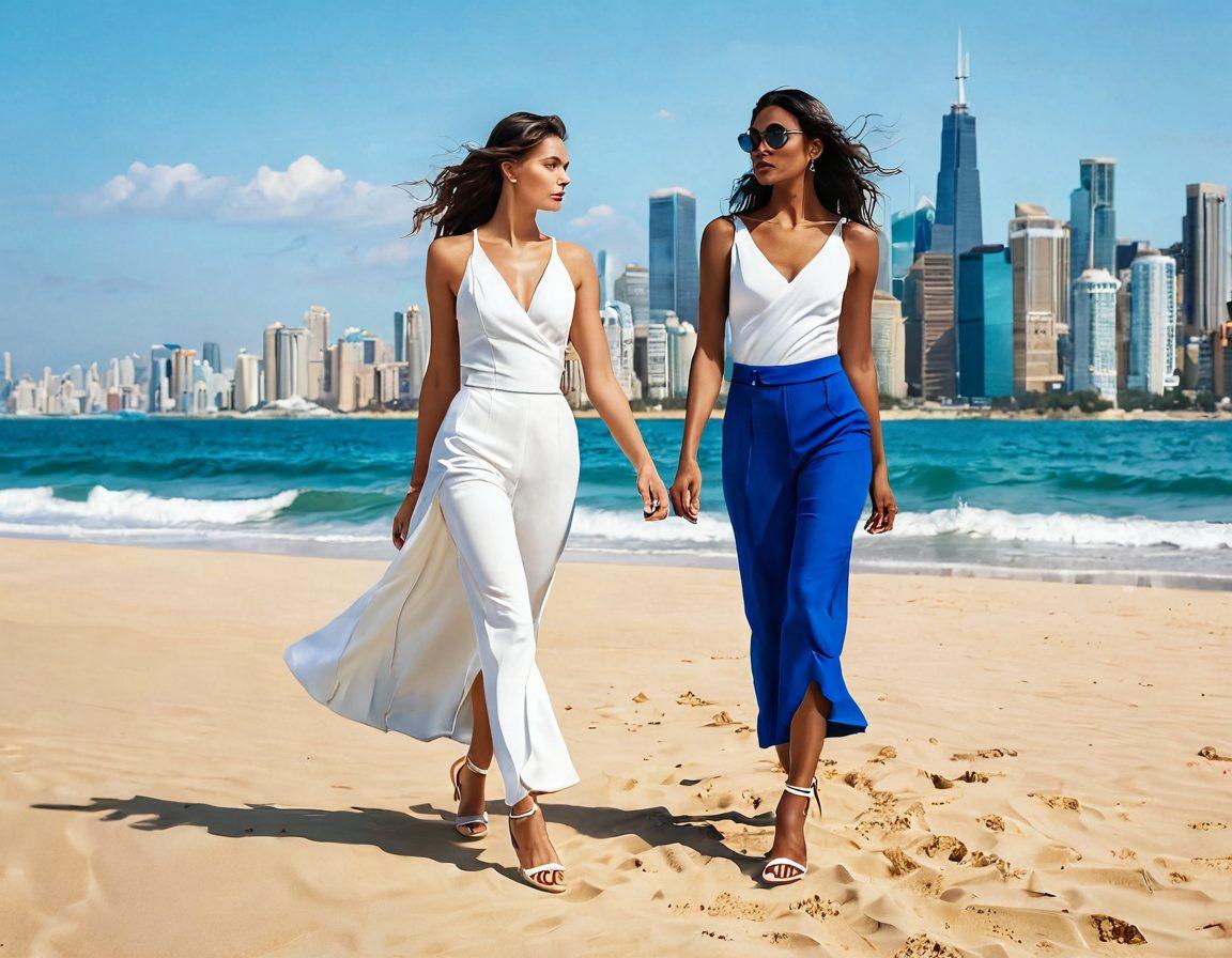 A vibrant scene showcasing a stunning transition from casual beachwear to elegant stilettos, with a sand-covered beach on one side and a glamorous city skyline on the other. The outfits express joy, confidence, and empowerment, with colors radiating emotion. Footprints in the sand lead to the city, symbolizing the journey of self-expression. Include soft waves in the background that mirror the color palette of the outfits. super-realistic. vibrant colors. white background.