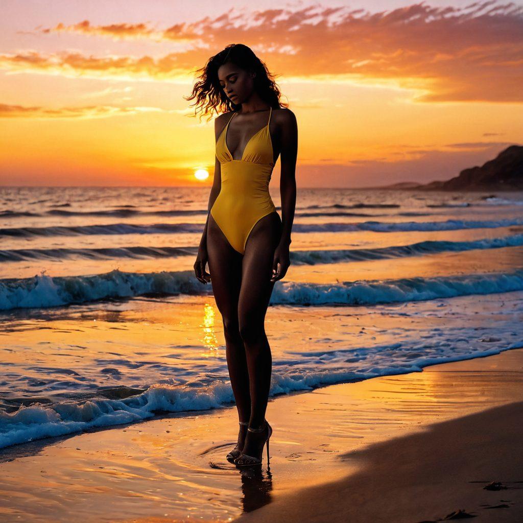 A serene beach scene showcasing a model in elegant swimwear paired with striking high heels, standing on the shore as waves gently wash over her feet. Her expression is a blend of sadness and introspection, reflecting inner melancholy while the sunset casts warm, golden hues across the sky. The contrast between the playful swimwear and the intimidating high heels symbolizes the push and pull of emotions. super-realistic. vibrant colors.